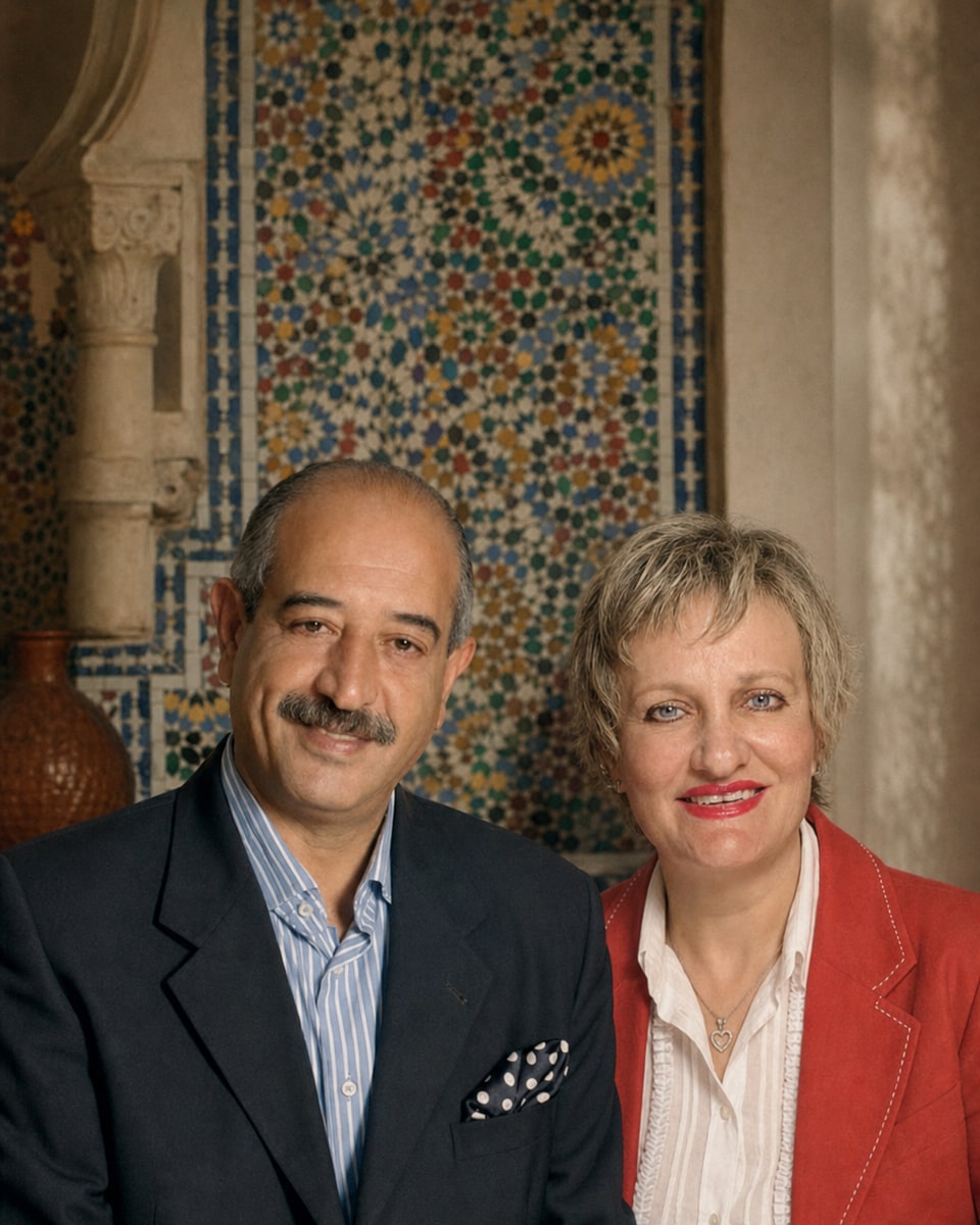 Retrato de archivo de Rachid El Guennouni y su esposa, fundadores de Dinarjat en Rabat